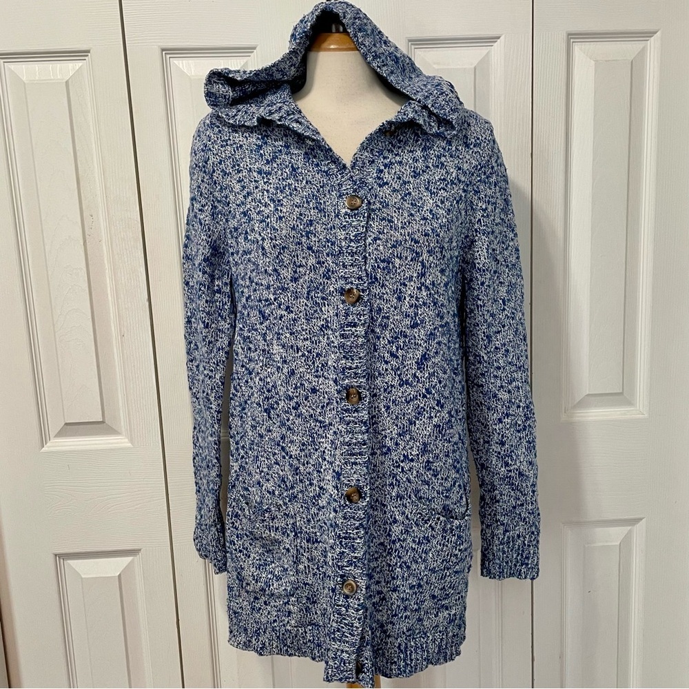L.L. Bean Cable Knit Navy and White Hooded Sweater Cardigan